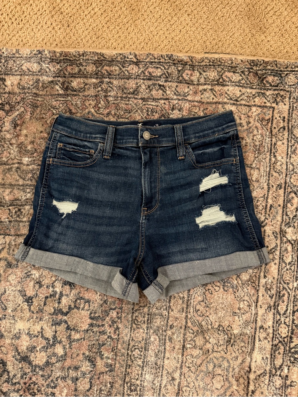 Hollister Dark Blue Distressed Rolled Cuff Denim Shorts